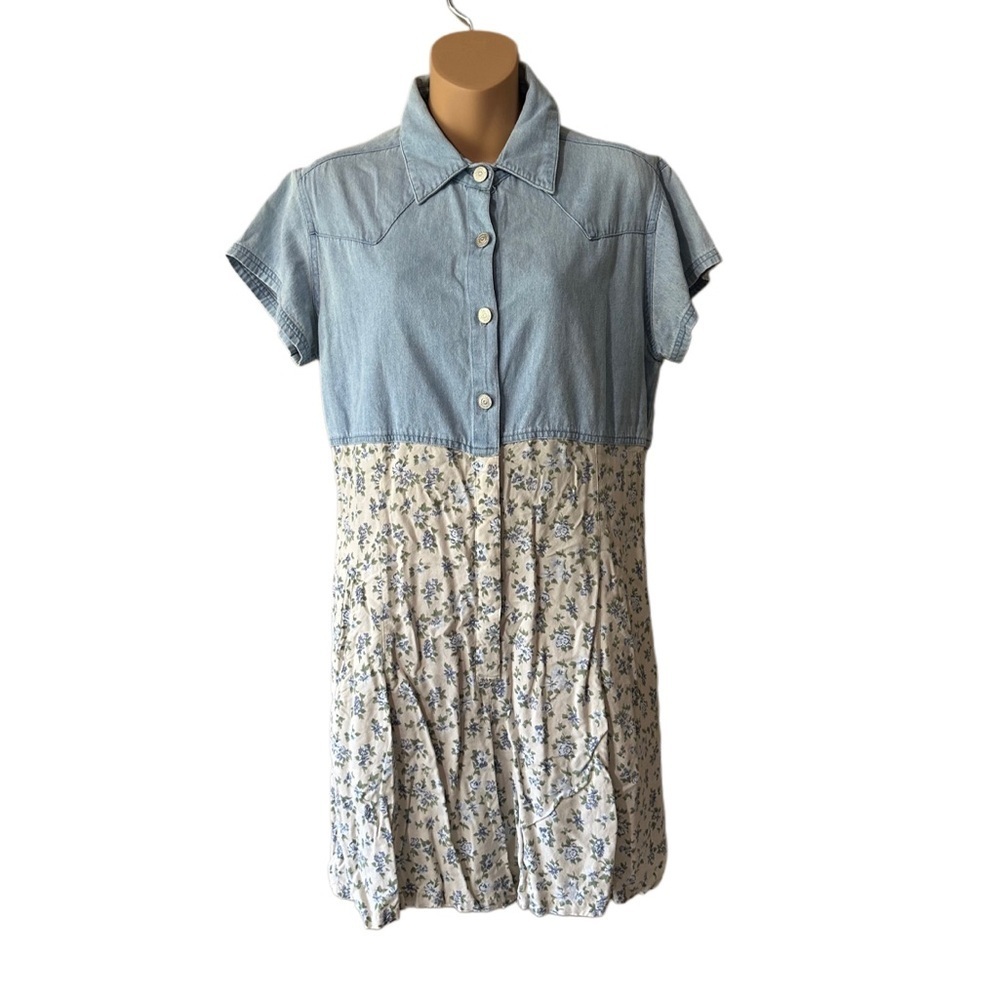 Gitano Light Blue Denim and Floral Button Up Shorts Romper with Pockets